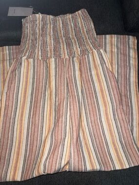 Striped Smocked Waist Wide-Leg Jumpsuit in Cream, Rust & Mustard